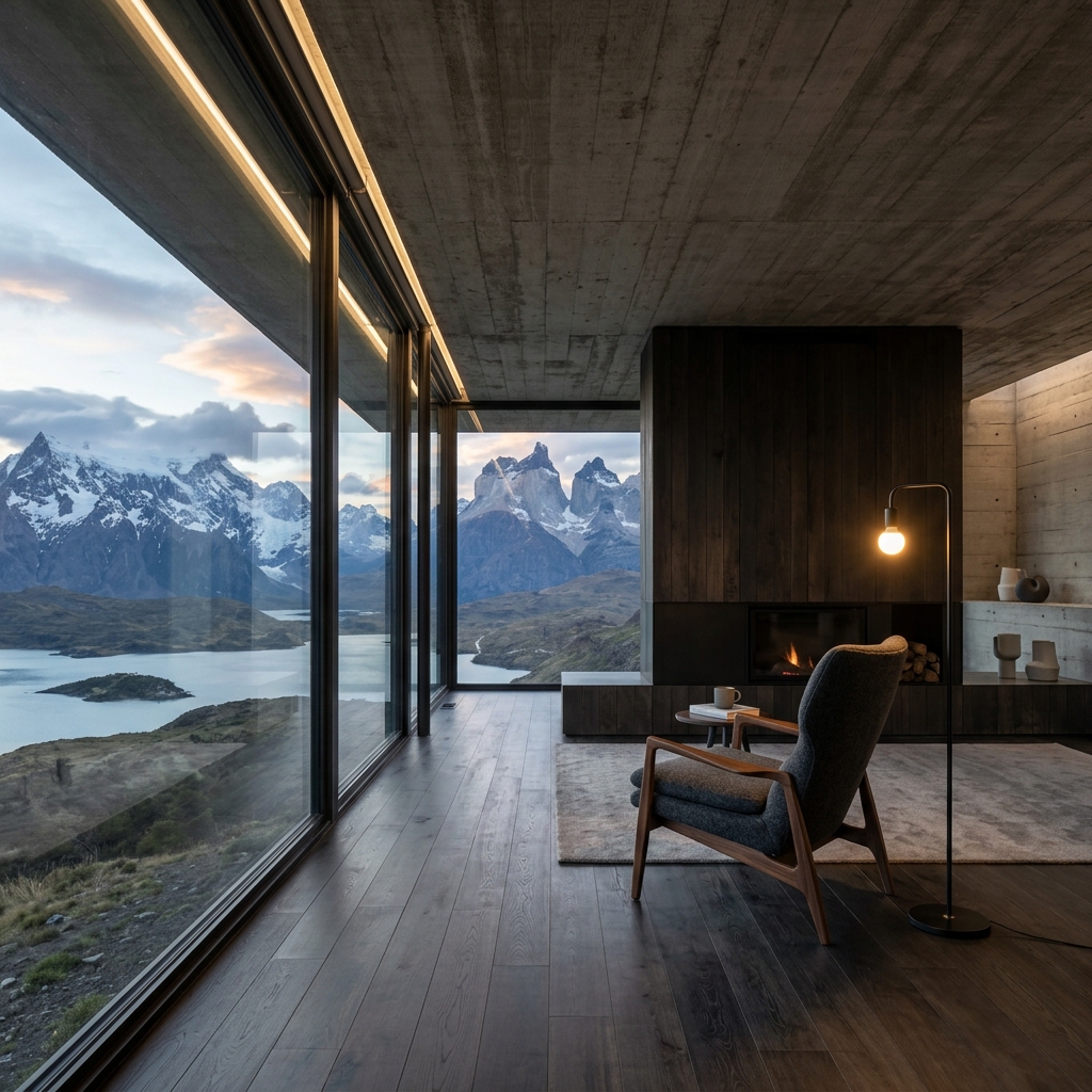 Interior del lodge — ventanal con vista a las montañas